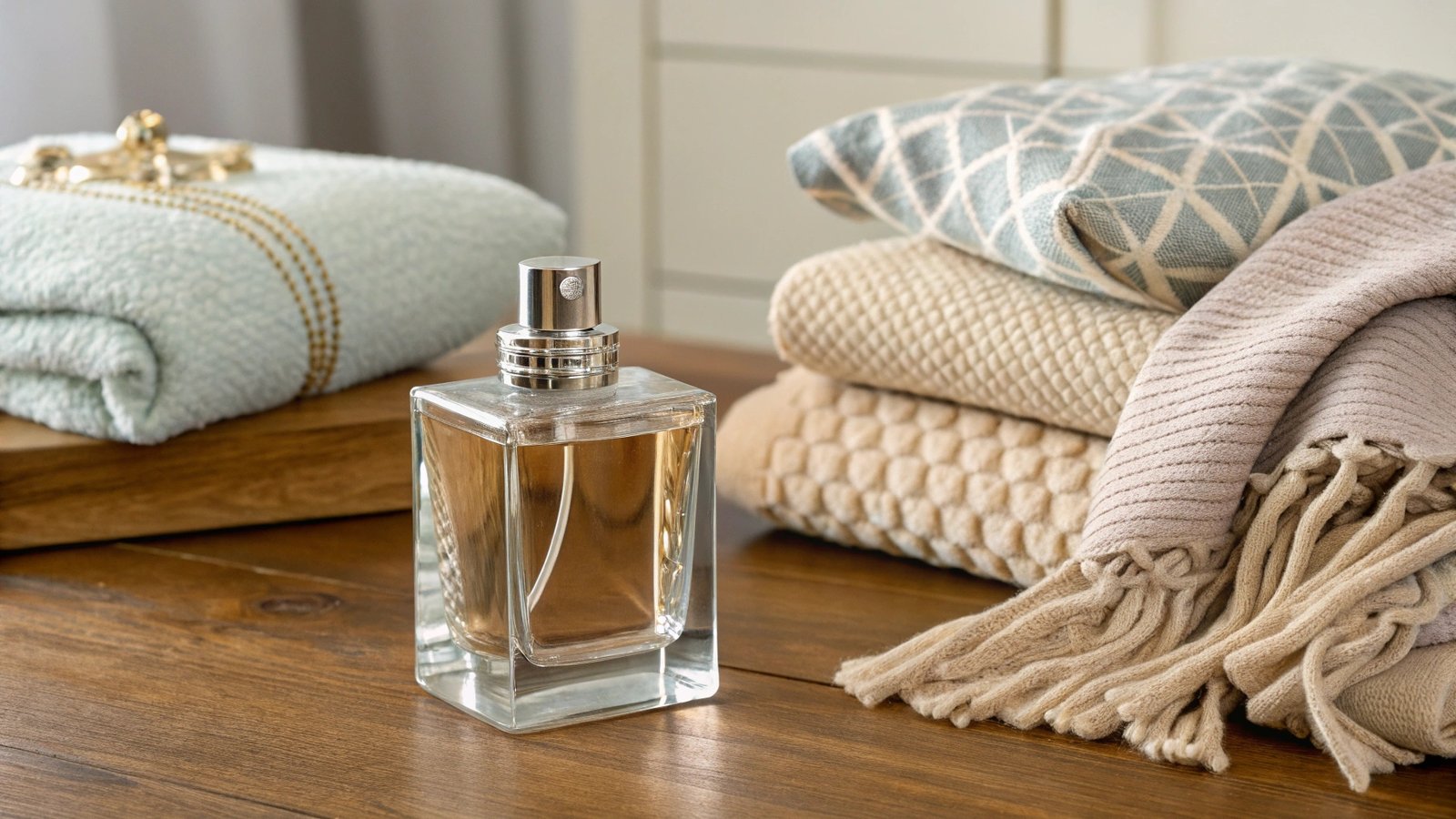 Perfume bottle next to home textiles
