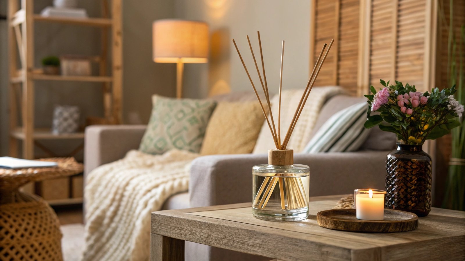 Reed diffuser in a living room setting