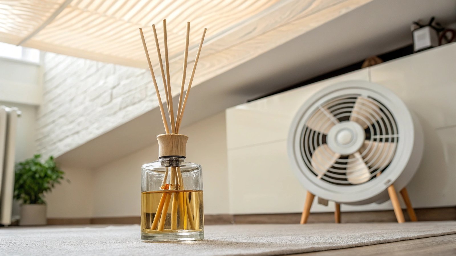 Reed diffuser next to a ceiling fan or air vent