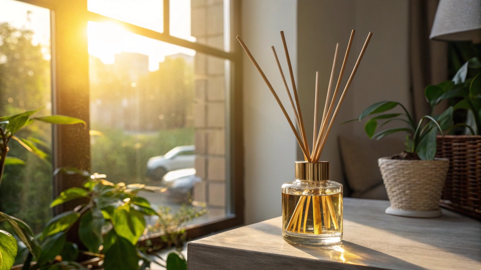 Reed diffuser placed near a window with sun rays