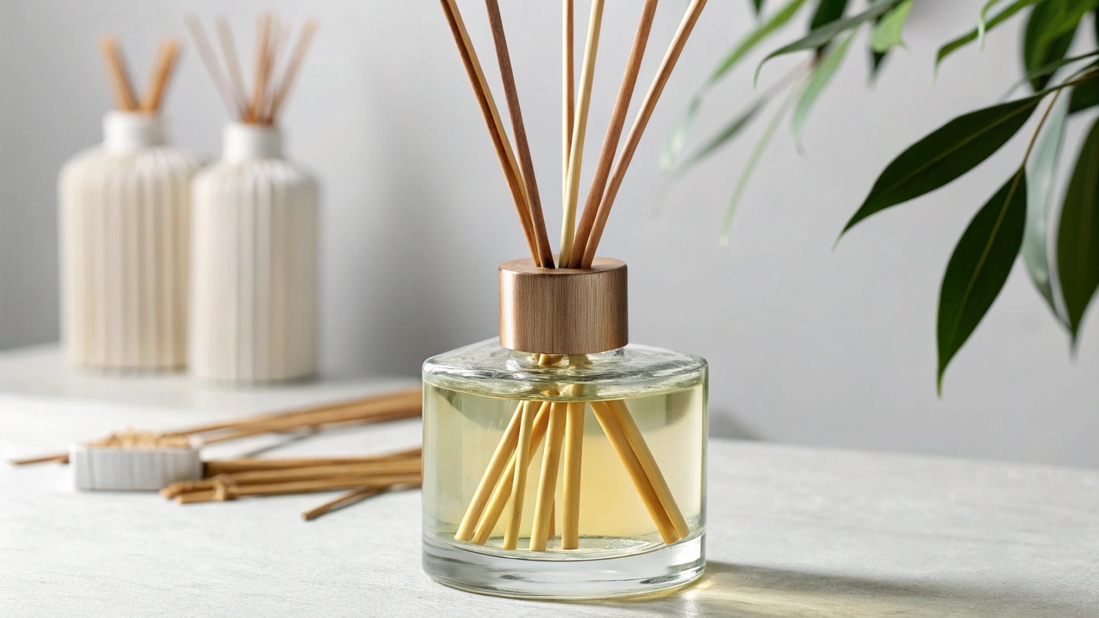 Reed diffuser showing reeds in a glass container