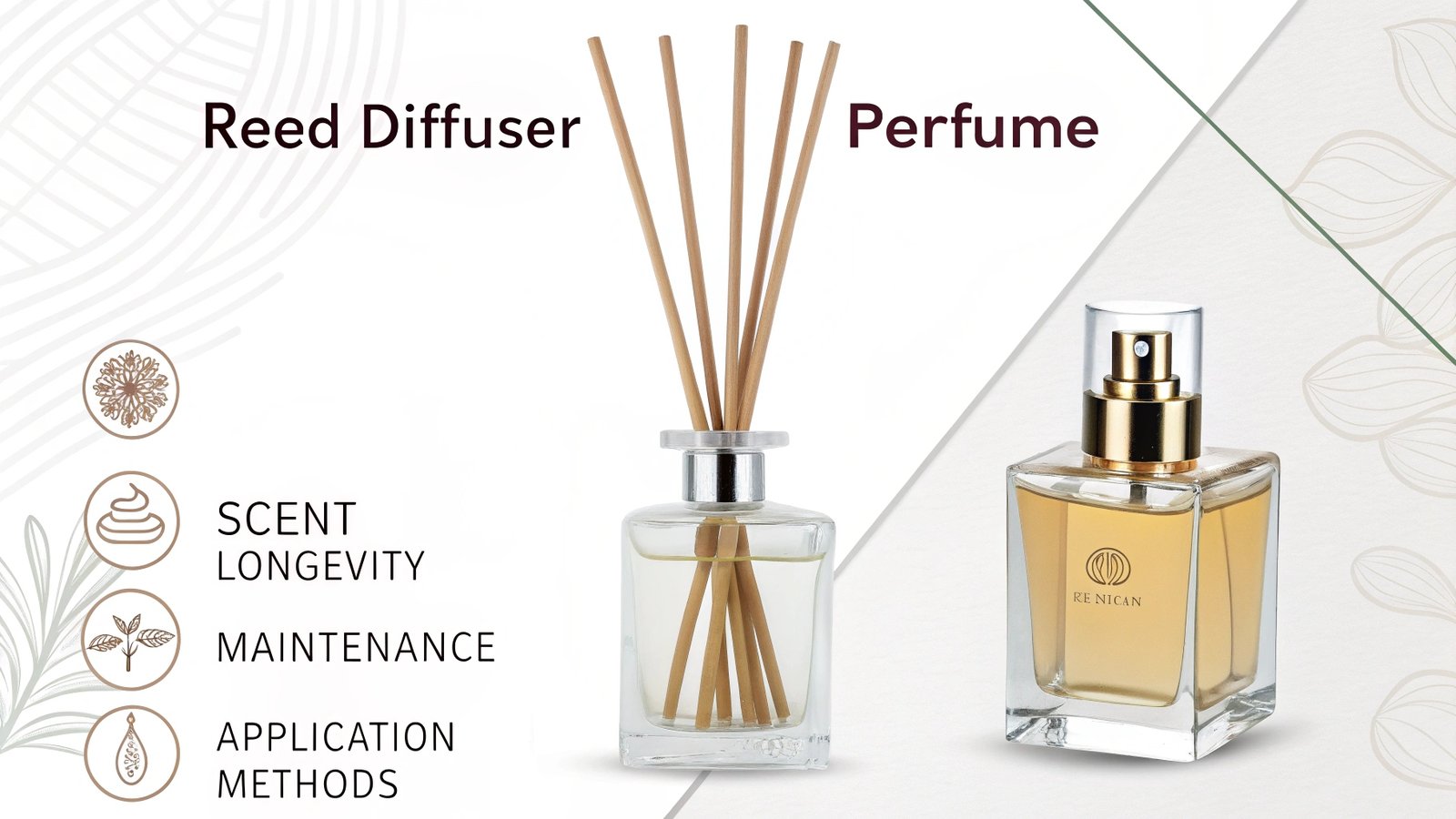 Reed diffuser and perfume bottle side by side
