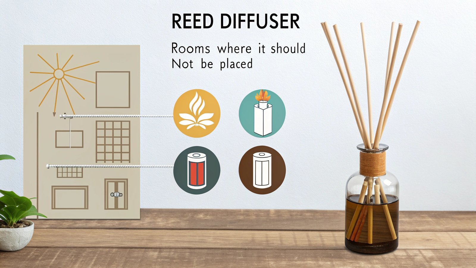 Reed diffuser with not recommended room icons
