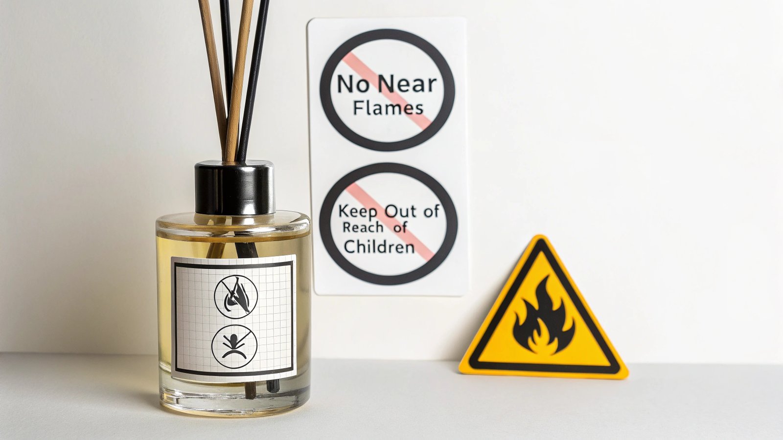 Reed diffuser with warning symbols around inappropriate locations
