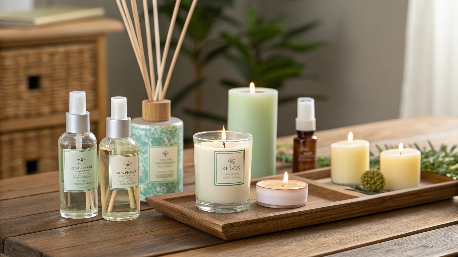 Various home scenting products displayed on a wooden table