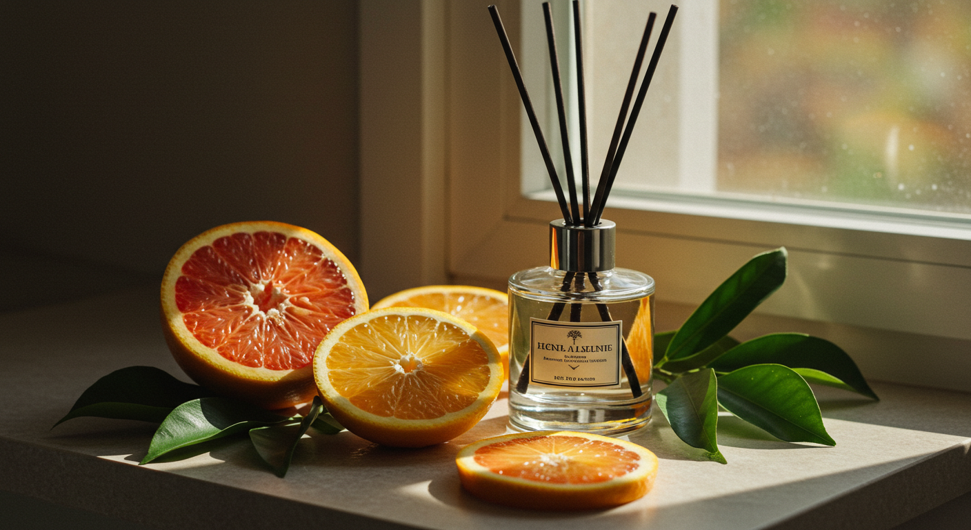 Fresh citrus slices and green leaves around a diffuser