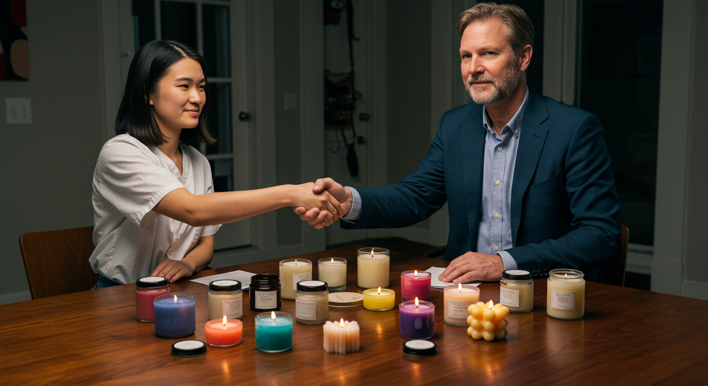 Two people shaking hands over a table with candle samples, symbolizing partnership
