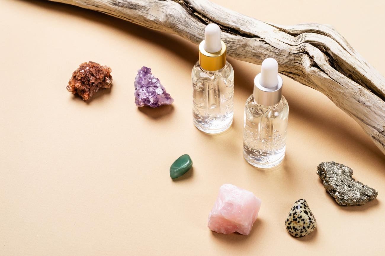 Aromatherapy Crystals and Essential Oils Flat Lay
