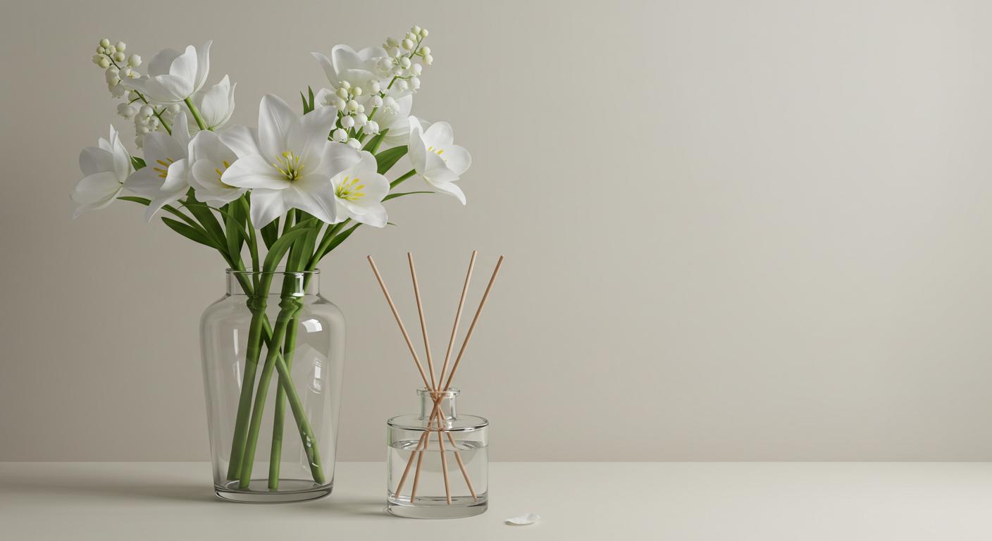 Delicate white flowers near a diffuser
