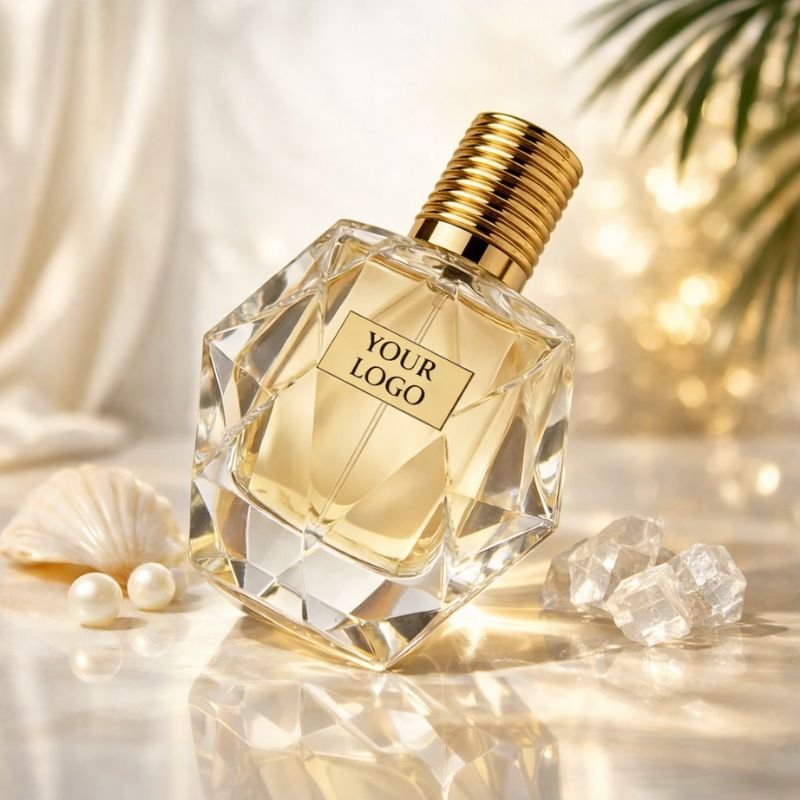Luxury diamond-cut perfume bottle with golden cap
