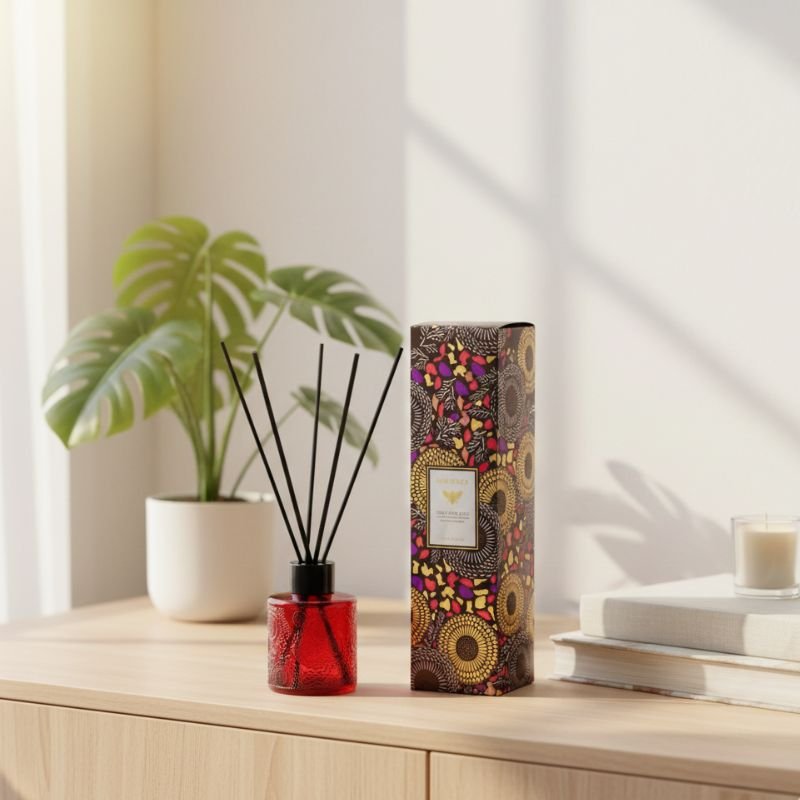 Close-up of high-quality fiber reeds absorbing fragrance oil in a stylish glass vessel