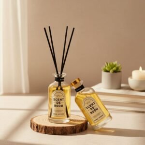 Glass aroma diffuser bottles labeled Scent de Room
