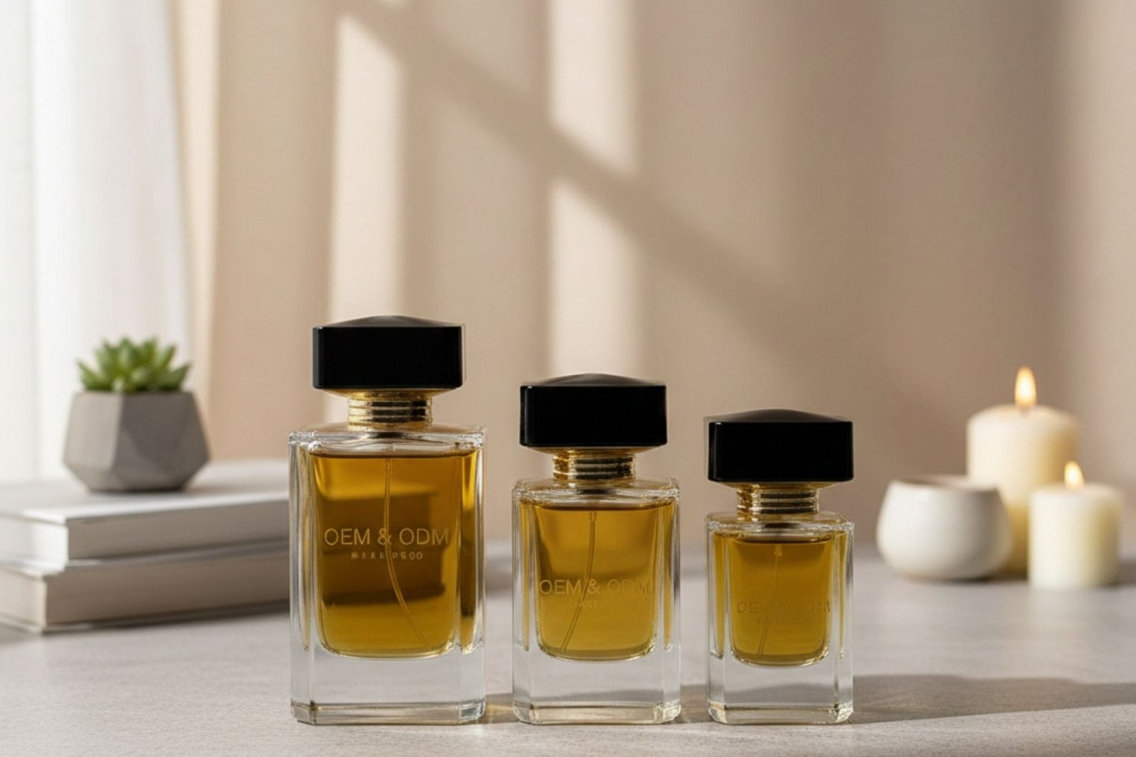 Set of three amber glass perfume bottles with black caps