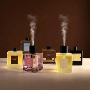 Smart home fragrance diffusers releasing fine mist, representing IoT and atomization technology.