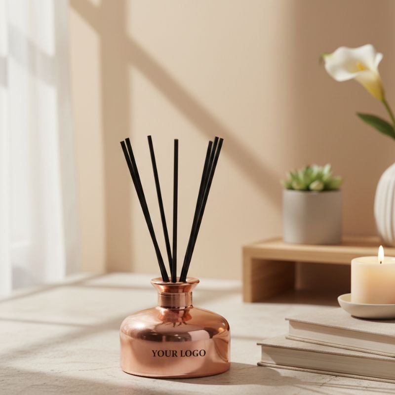 Rose gold reed diffuser with black sticks