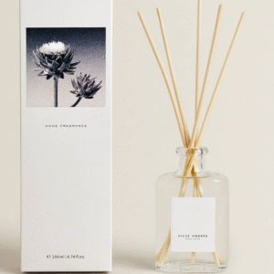 Minimalist glass reed diffuser with natural sticks and retail packaging box, clean home fragrance diffuser for modern interior decor