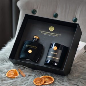 Luxury black home fragrance gift set with reed diffuser and scented candle, premium packaging for private label and corporate gifting