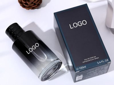 Private label men’s perfume with smoky black gradient glass bottle and black cap